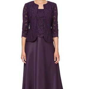 Alex Evenings Eggplant Purple Embroidered Lace Mock Two-Piece Gown Jacket